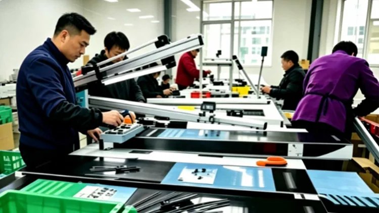 Factory workers assembling finished car roof racks on assembly production line
