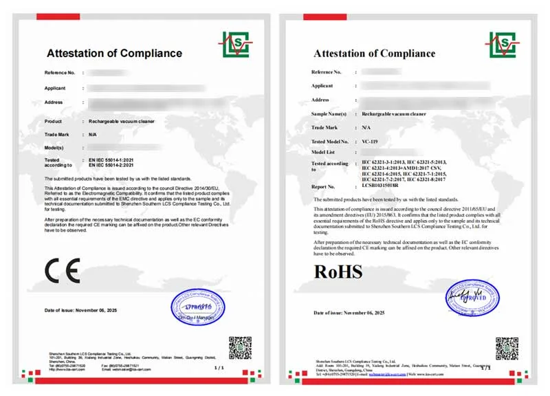 Car vacuum cleaner CE EMC and RoHS compliance certification certificates for EU import standard